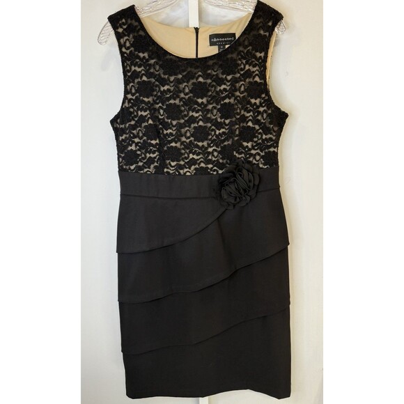 Connected Apparel Black Lace Overlay Tiered Sheath Dress Floral Rosette 12 - Picture 1 of 10